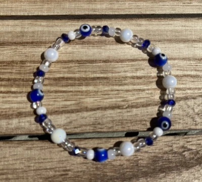 Beaded Stretch Bracelet Glass Bead Evil Eye Faux Pearl Jewelry Blue White Clear