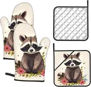 4 pcs Oven Mitts and Pot Holders Set 500°F Heat Resistant Oven Gloves and Hot Pads Kitchen Mittens Raccoon Cooking Gloves Potholders for Baking Grilling