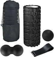 Foam Roller Set 4-in-1, Medium Density Roller Massage Roller, Peanut Massage Ball, Massage Ball, Stretching Strap, for Whole Body (13" x 5" Black)