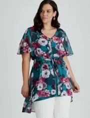 Autograph Top Tunic Plus Size 26 Short Sleeve Tie Waist Hi-Lo Party Floral RP$90
