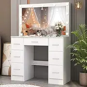 Buildonely Large Vanity Table with Drawers, Vanity Desk with Large Mirror and 3 Color Light Settings, Hollywood White Vanity Set for Girls and Women