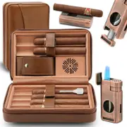 Cigar Humidor, Leather Cedar Wood Cigar Case Cigar with Lighter, 3 in 1, Box (Brown)