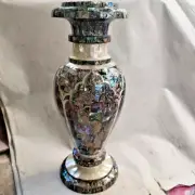15" white Marble Flower Vase Pot Mosaic inlay malachite paua shell antique