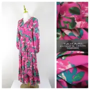 Tahari Pink Green Floral Peasant Boho A Line Long Sleeve Midi Dress Size 4 $158