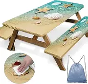 Picnic Table Cover with Bench Covers Elastic Edges, Beach Fitted Table Cover, Outdoor Patio Camping Essentials 60 Inch 3PCS, Waterproof Camping Fitted Tablecloth with Drawstring Bag
