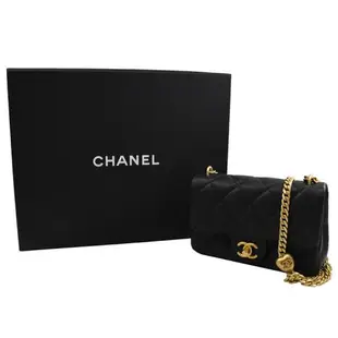 CHANEL AS3828 Mini Coco 經典雙C 愛心金球方胖鏈帶包.黑金 17cm