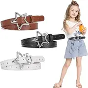 [WUERKIYA] Pack of 3 Children's Belts for Girls, Adjustable PU Leather Belt for Dresses, Pentagram Belt Buckle Girls Belt for Girls Kids Belt Leather Belt Skinny Belt (Black, Camel