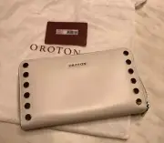 Oroton Designer Wallet, BNWT, White Leather With Silver Studs, RFID Protection