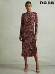 Reiss Red Riyo Printed Ruched Midi Dress (AB2010) | $295