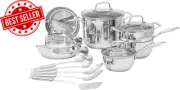 15-Piece Stainless Steel Cookware Set, Pots, Pans & Utensils, Durable Silver Fin