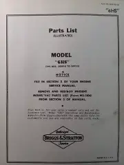 Briggs Stratton 6HS type 309010 to 309110 Engine Parts Manual Lawn Mower Tiller