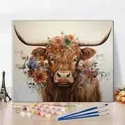 TUMOVO Highland Cow Paint by Number for Adults Beginner DIY Flower Painting by Numbers Kits for Kids Paintwork Vintage Style Animal Paint Kits Canvas Arts Crafts for Home16 x20