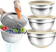 REASOR Stainless Steel Mixing Bowl Set with Airtight Lids, Non-Slip Base & Multi-Functional Colander, 3 Sizes (1.5, 2.5, 6 QT) for Baking, Cooking & Food Storage, Includes Grater Attachments