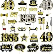 30Pcs 40th Birthday Decoration Photo Booth Props for Men Women, Funny Black Gold Vintage 1985 40th Birthday Props Kit with Sticks Party Supplies, Cheers to 40 Bday Photo Props Sign Decor