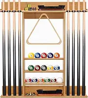 FoverOne Pool Cue Rack, Bamboo Pool Sticks Holder Wall Mount, Holds 8 Cues and Full Set of Balls, Pool Table Accessories Organizer for Billiard Room or Club