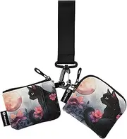 [XYMZR] Mini Zip Around Wristlet keychain Wallet Black Cat Floral Moon for Women Personalized Pattern Detachable Dual Pouch Wristlet Portable Wallet Phone Coin Purse, Multi-colored, One Size