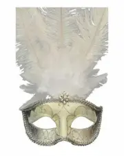 Silver Masquerade Mask with White Feather and Jewel