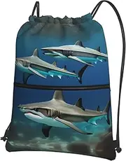 EdWal Hammerhead Sharks Print Drawstring Backpack Gym Bags Sports Bags With Zipper Pocket For Travel Swimming Beach, Black, One Size
