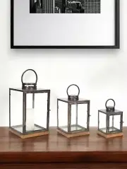 Set of Three Gray and Brown Glass Metal and Wood Geometric Floor Lantern Cand...