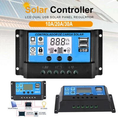 Solar Panel Regulator Charge Controller 10/20/30A Amp 12V/24V Battery Dual USB