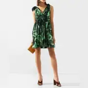 DOLCE & GABBANA FLOCKED LEAF TROPICAL PRINT A LINE FIT AND FLARE MINI DRESS