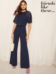 Friends Like These Navy Blue Chiffon Flutter Sleeve Wide Leg Jumpsuit (AW8683) | $127