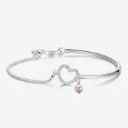 Sterling Silver CZ Heart with Pink Heart Charm Bracelet