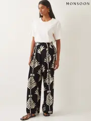 Monsoon Black Pamela Leaf Print Wide Leg Trousers (F35278) | $136