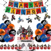 Motorcycle Theme Party Decorating Set Dirt Bike Birthday Banner Cake Cupcake Toppers Balloons Swirls