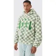 Mens Sage Oversized Ofcl Graphic Applique Checkerboard Teddy Borg Hoodie
