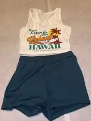 SHEIN'S WOMEN/TEEN LETTER & PALM TREE PRINT TANK TOP & SHORTS SET ~ SZ XS ~ NWT