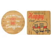 NEW Happy Camper Decorative Bamboo Wood Trivets Set of 2 round & square brown