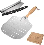 12x14 Inch Pizza Peel Aluminum Pizza Spatula, Lavit Pizza Pack Metal Peel with Wood Handle & Rocker Cutter, Pizza Paddle, for Family Pizza Oven, Baking, Dough, Bread & Pastry