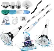 Electric Spin Scrubber, LED Display Shower Cleaner with 8 Brush Heads, Full-Body IPX7 Waterproof Bathroom Cleaning Brush with Long Handle, Power Scrubber for Bathtub Tile Floor(White)