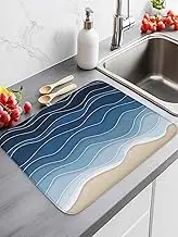 Abstract Ocean Waves Drying Mats for Kitchen Counter, Blue Gradient Microfiber Absorbent Dish Drainer/Rack Mat,Reversible Hangding Quick Drying kitchen Decor,16x18 Machine Washable