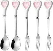 Tablespoons 5-Piece Stainless Steel Coffee Spoons and Forks ，Ceramic Handle with Heart Shape Espresso Spoons and Forks Set for Dessert, Appetizer, Cake, Tea ，Fruit Serving Spoon (Color : Pink, Size