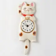 Japanese White Lucky Cat Manekineko Pendulum Wall Clock Pottery Seto