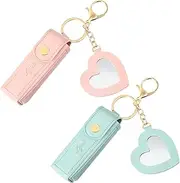 oruola 2pcs Chap Stick Holder, PU Leather Portable Lip Gloss Keychain Holder, Pink, Green Lipstick Keychain Holders with Mirror, Suitable for Most Lipsticks, Chapsticks, and Lip Glosses