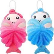 Nuenen 2 Pcs Bath Loofahs Kids Toddler Cute Cartoon Bath Sponges Loofah Pouf Body Scrubber Mesh Sponges for Children Shower Washing Exfoliating(Mermaid)