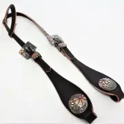 Sliding Ear Headstall Chocolate Leather Nickel Copper Purple Buckle Concho Horse