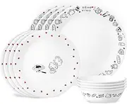 Corelle Vitrelle Hello Kitty 12-PC Dinnerware Set, Service for 3, Triple Layered Glass, Anti-Chip Durable Lightweight Plate and Bowl Set