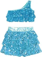 [Raenseen] Girls Shiny Jazz Dance Outfits Sequins Crop Top with Skirt Shorts Ballet Modern Dance Dress