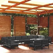 13 Piece Patio Furniture Set, Outdoor Chairs, Table for Garden, Balcony, Porch, Small Conversation Sets, Black Solid Pinewood with Cushions