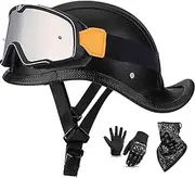 Vintage Leather Motorbike Half Helmet Dovetail Design Motorcycle Half Shell Helmet with Goggle Scooter Helmet DOT/ECE Approved for Adult Men Women Street Racing Cruiser