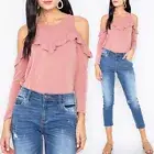 NEW Mauve Pink Ultra Soft Pretty Ruffle Trim Cold Shoulder Long Sleeve Basic Top