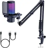 FEELWORLD VM1 Gaming PC USB Microphone Condenser Mic with Boom Arm Stand Noise Cancellation RGB Light Mute, Computer Accessories for Gamer YouTube Twitch Podcast Streaming Recording Chat PS4 PS5