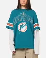 [MITCHELL & NESS] Mitchell & Ness Miami Dolphins Waffle Mock Layer Long Sleeve T-shirt Teal - Size L L Teal
