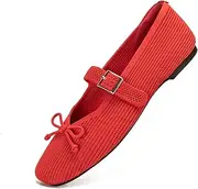 FancyRing Women's Square Toe Flats Bowknot Mary Jane Ballet Flats Washable Knit Shoes with Adjustable Straps Comfortable Office Flats for Women