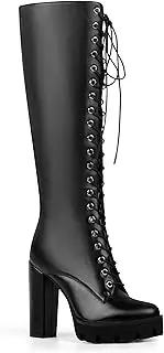 [ANN CREEK] Women's Black Lace Up Knee High Platform Boots Lug Sole High Chunky Heel Boots
