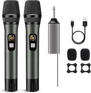voijump Wireless Microphone, Handheld UHF Dual Metal Cordless Dynamic Mic System with Rechargeable Receiver,200ft Range,for Karaoke, Speech, Party, Wedding, Church,Singing Machine-Auto Connect